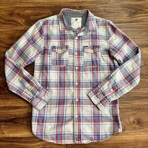 ON THE BYAS Plaid Long Sleeve Flannel Button Up Shirt Cotton Men's S White/Red